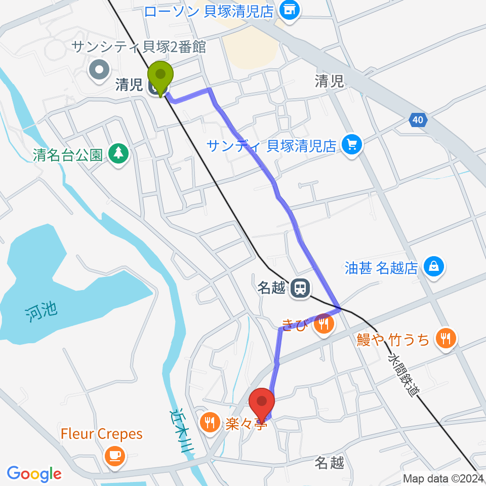 清児駅からスタジオ0724へのルートマップ地図