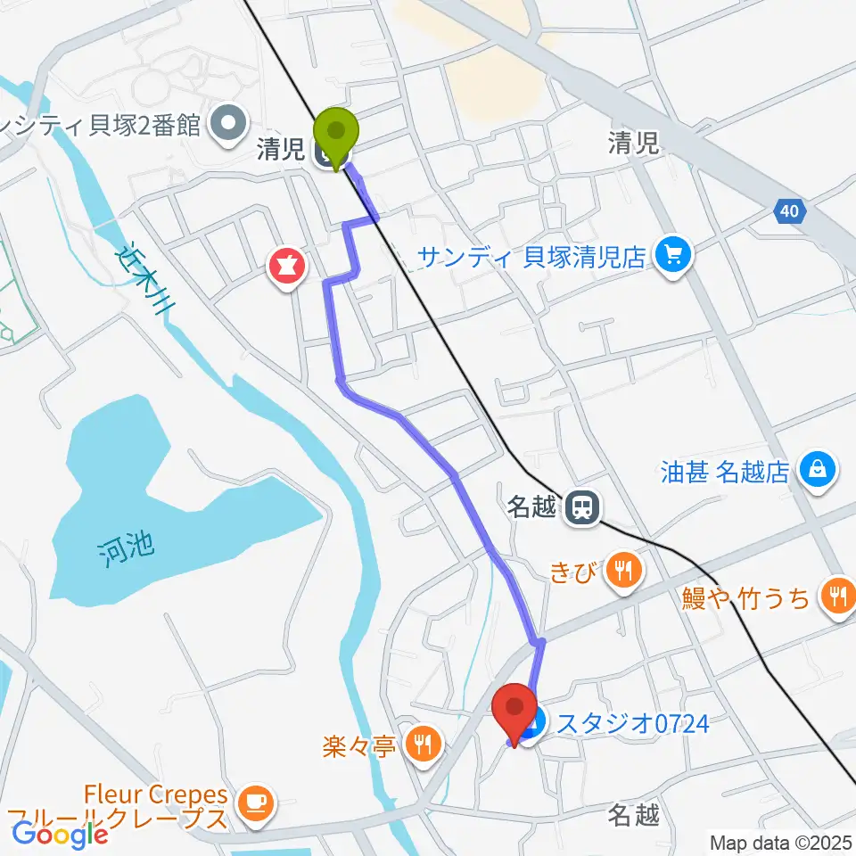 清児駅からスタジオ0724へのルートマップ地図