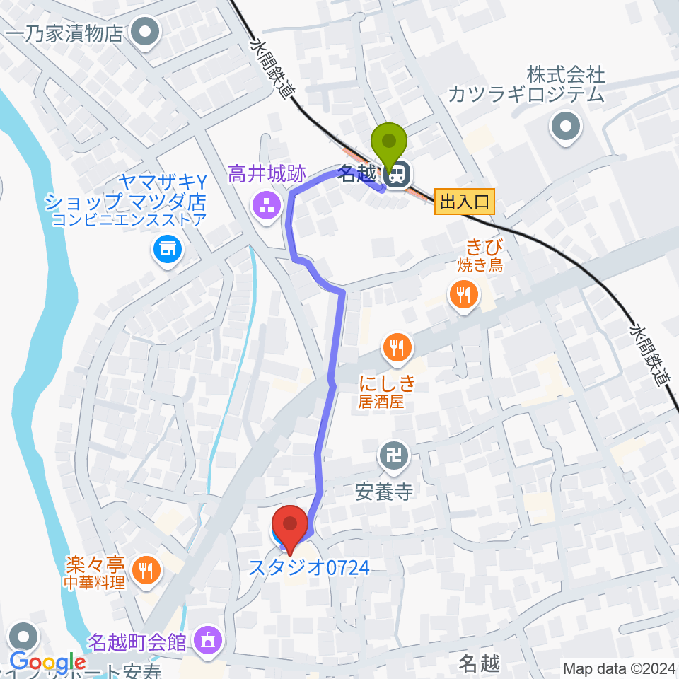 スタジオ0724の最寄駅名越駅からの徒歩ルート（約5分）地図