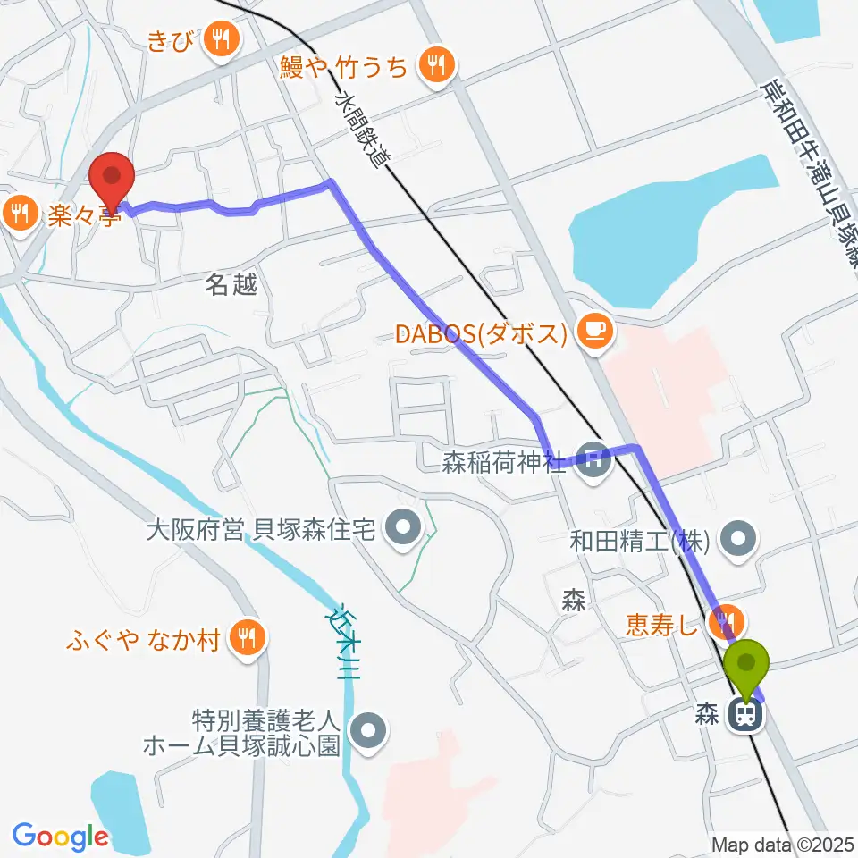 森駅からスタジオ0724へのルートマップ地図