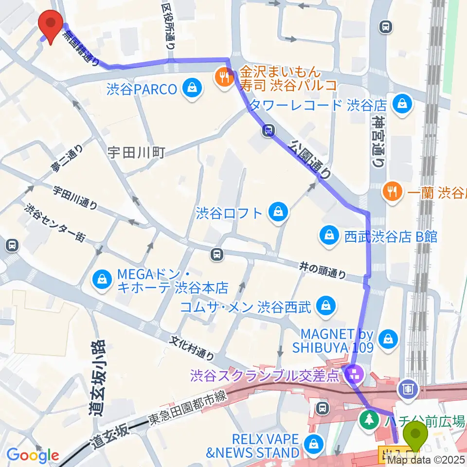 マザーズ・レコードの最寄駅渋谷駅からの徒歩ルート（約9分）地図