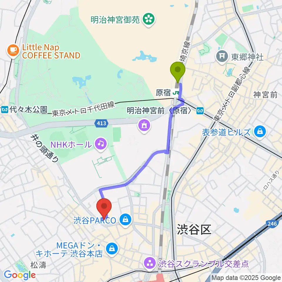 原宿駅からマザーズ・レコードへのルートマップ地図