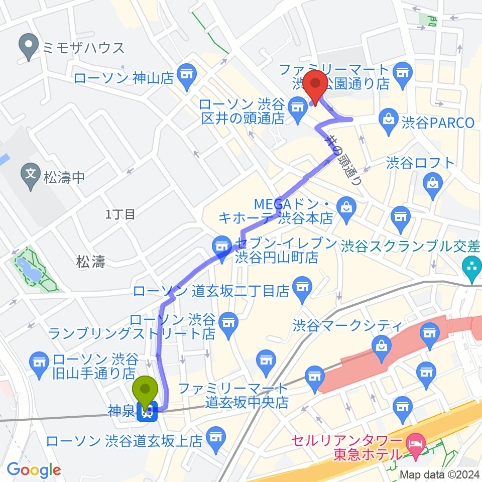 神泉駅からマザーズ・レコードへのルートマップ地図