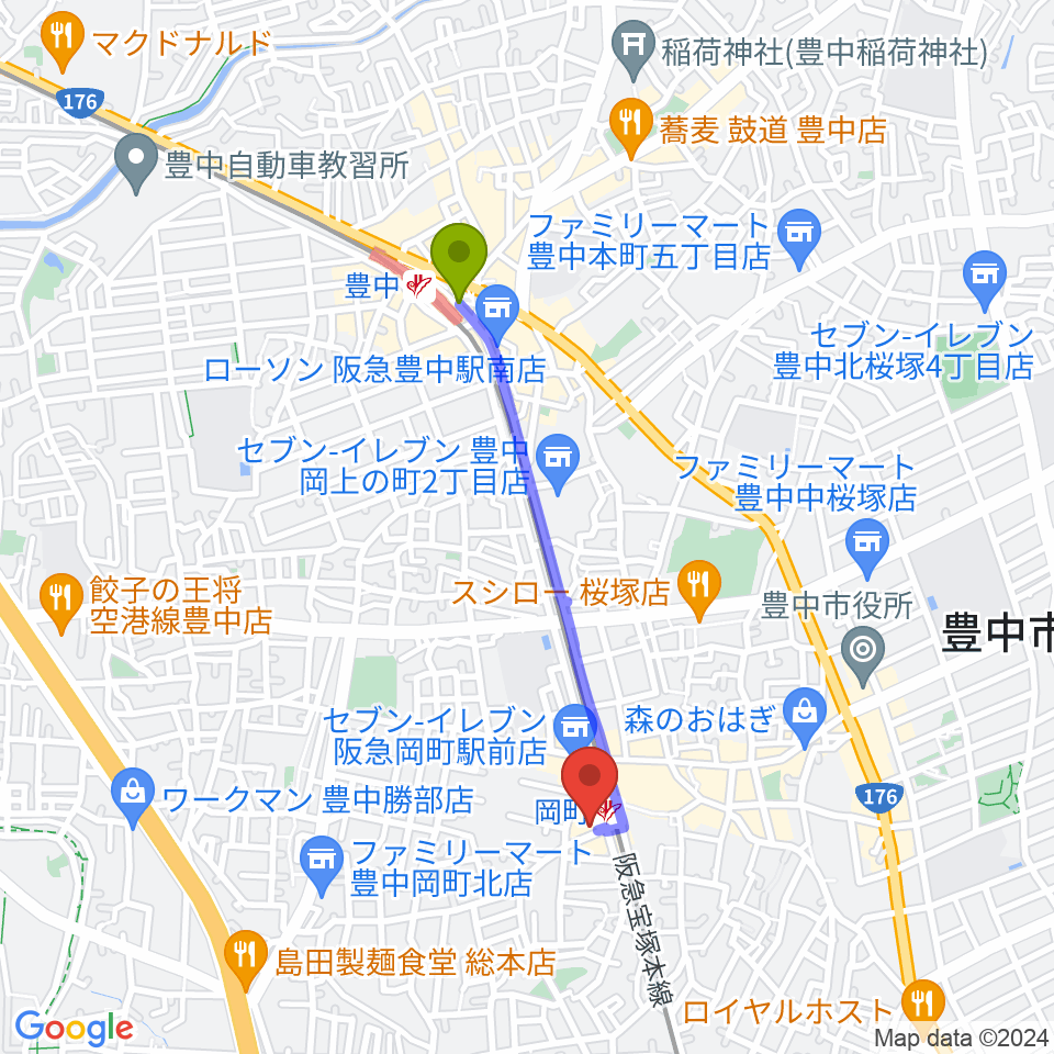 豊中駅から豊中岡町アビリーンへのルートマップ地図