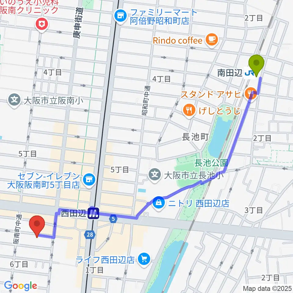 南田辺駅から西田辺PIANO STUDIOへのルートマップ地図