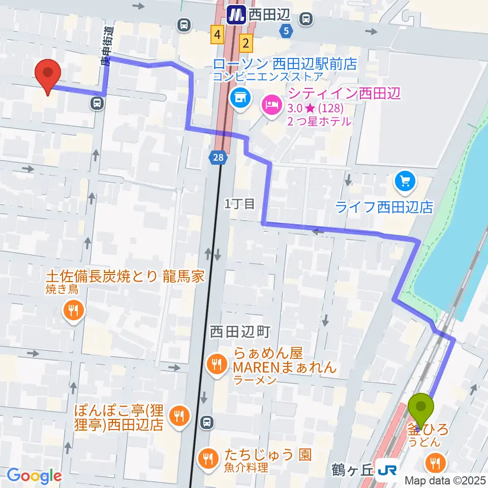 鶴ケ丘駅から西田辺PIANO STUDIOへのルートマップ地図
