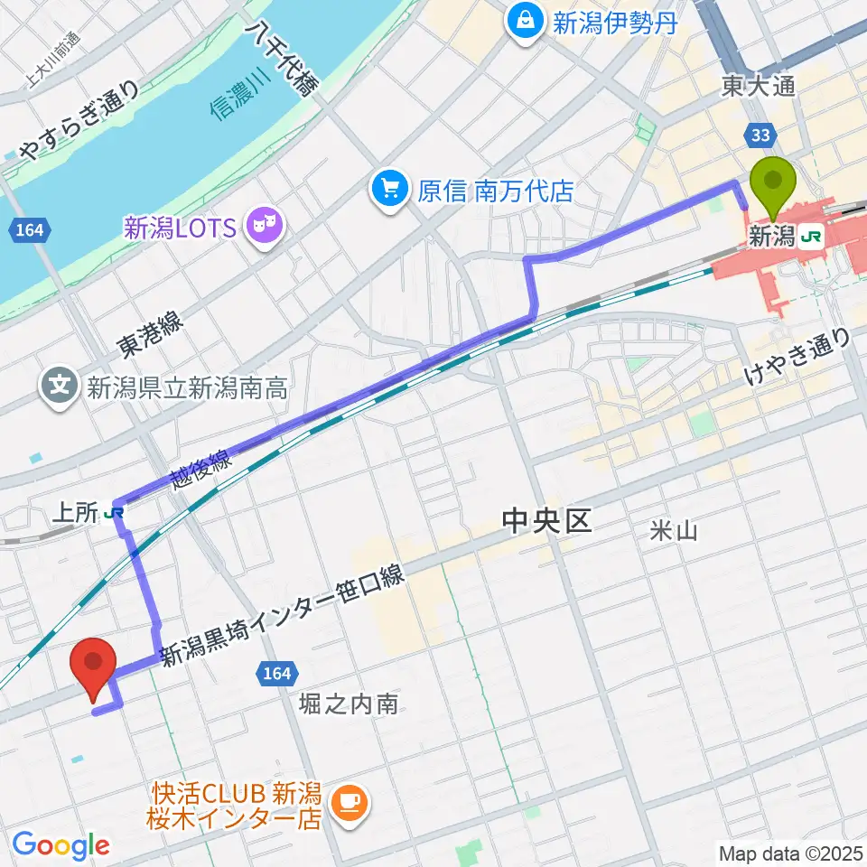 新潟駅からハードオフ楽器館新潟近江店へのルートマップ地図