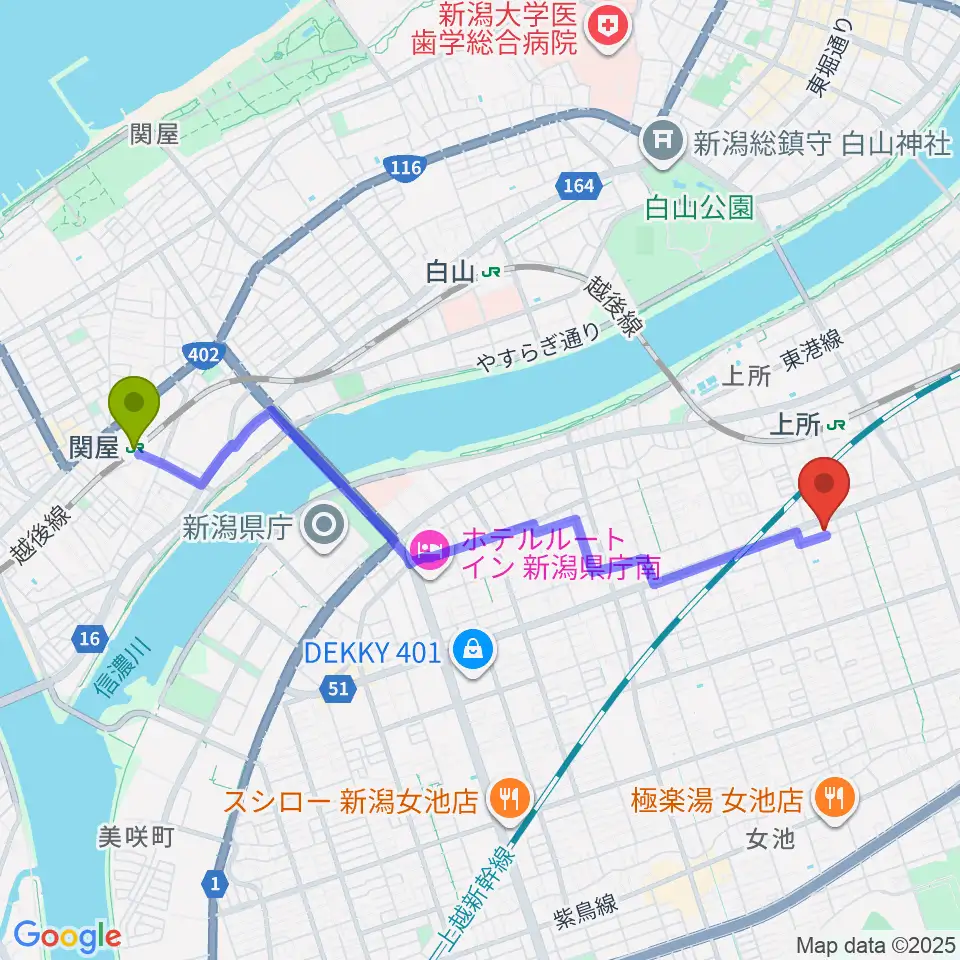 関屋駅からハードオフ楽器館新潟近江店へのルートマップ地図