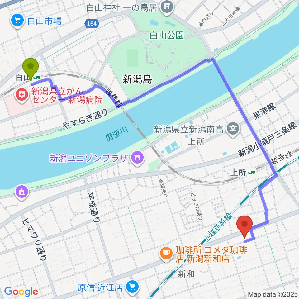ハードオフ楽器館新潟近江店の最寄駅白山駅からの徒歩ルート（約27分）地図