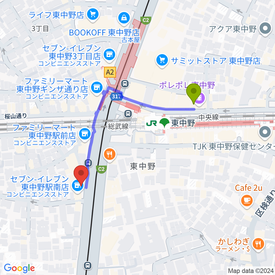 6stringsギター教室の最寄駅東中野駅からの徒歩ルート（約4分）地図