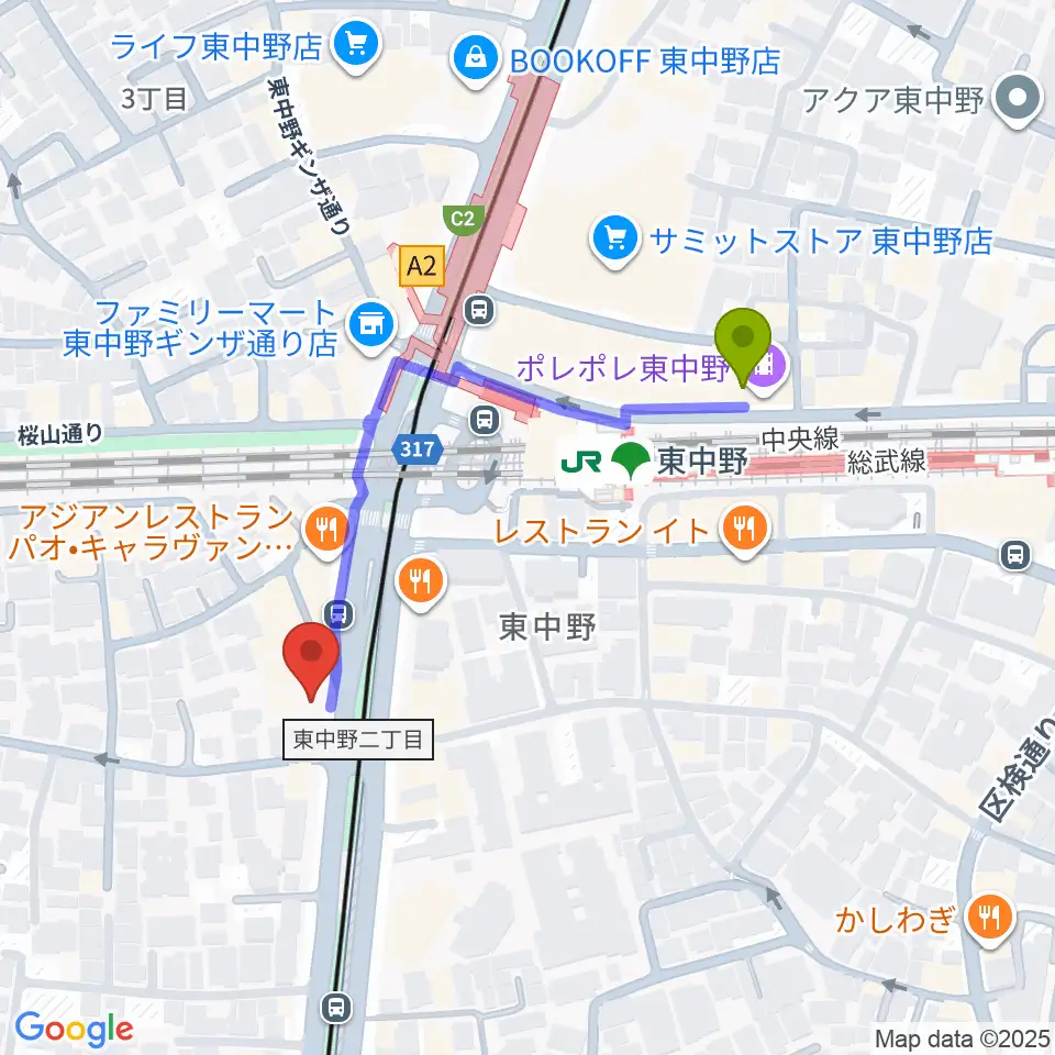 6stringsギター教室の最寄駅東中野駅からの徒歩ルート（約4分）地図
