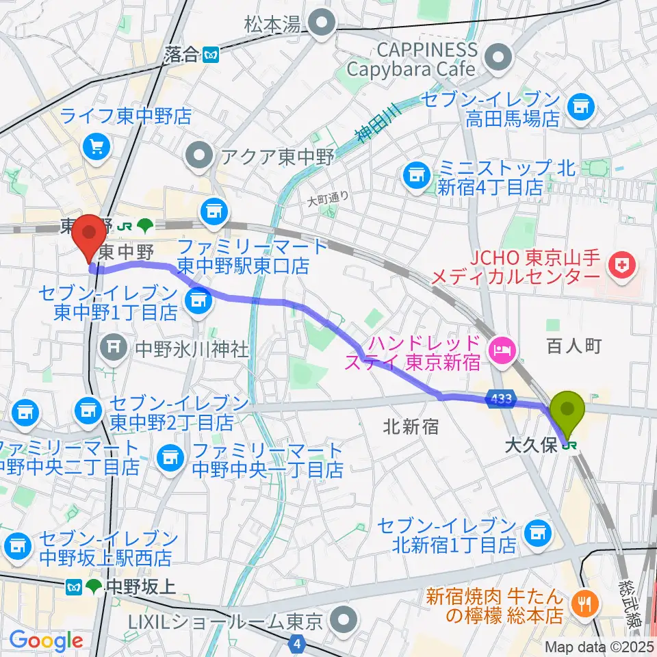 大久保駅から6stringsギター教室へのルートマップ地図