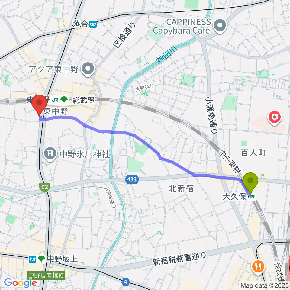 大久保駅から6stringsギター教室へのルートマップ地図