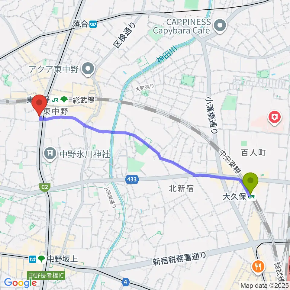 大久保駅から6stringsギター教室へのルートマップ地図