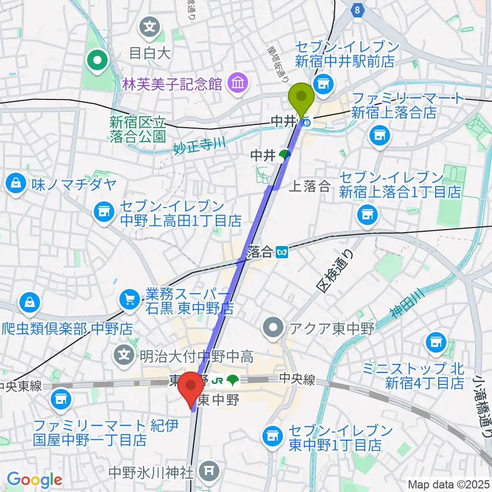 中井駅から6stringsギター教室へのルートマップ地図