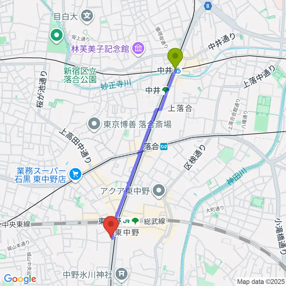 中井駅から6stringsギター教室へのルートマップ地図