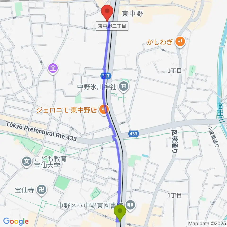 中野坂上駅から6stringsギター教室へのルートマップ地図