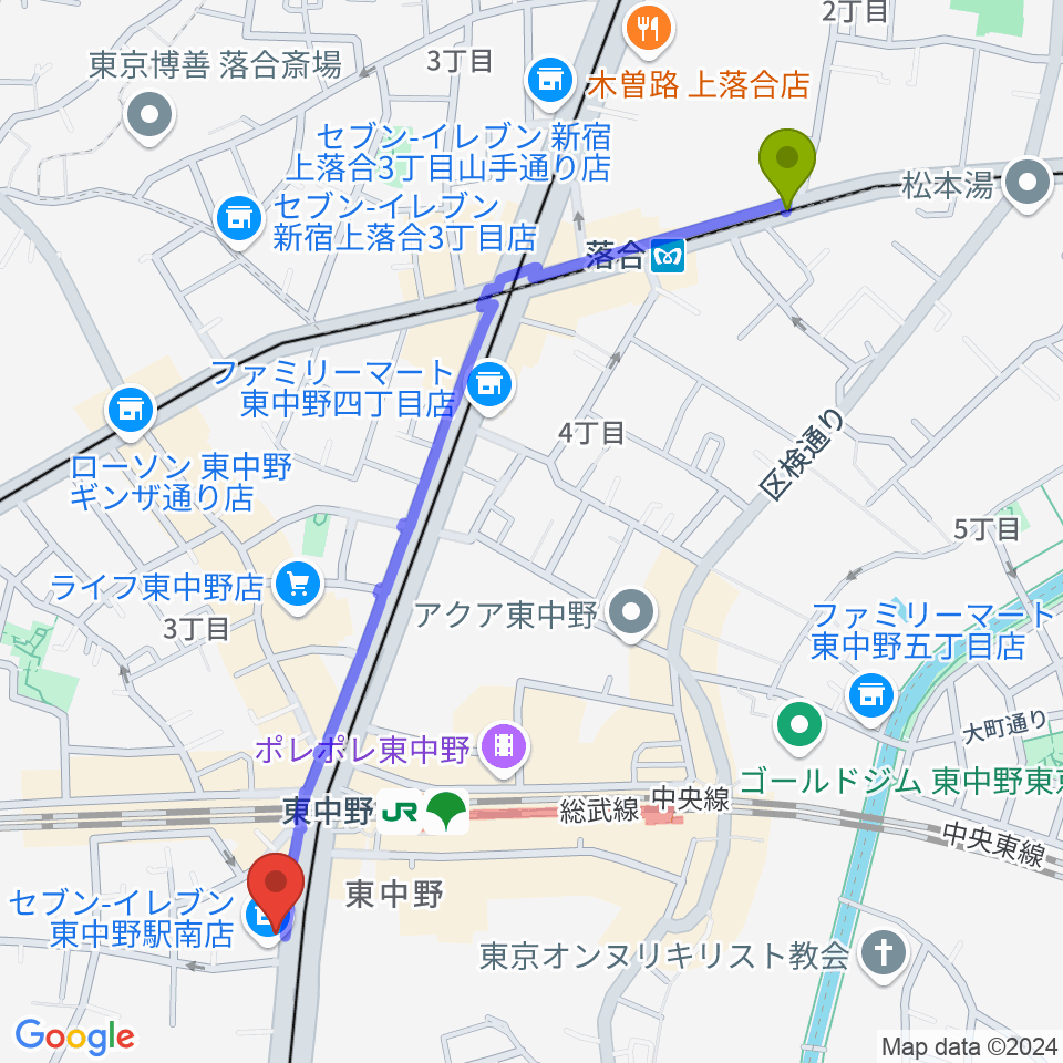 落合駅から6stringsギター教室へのルートマップ地図