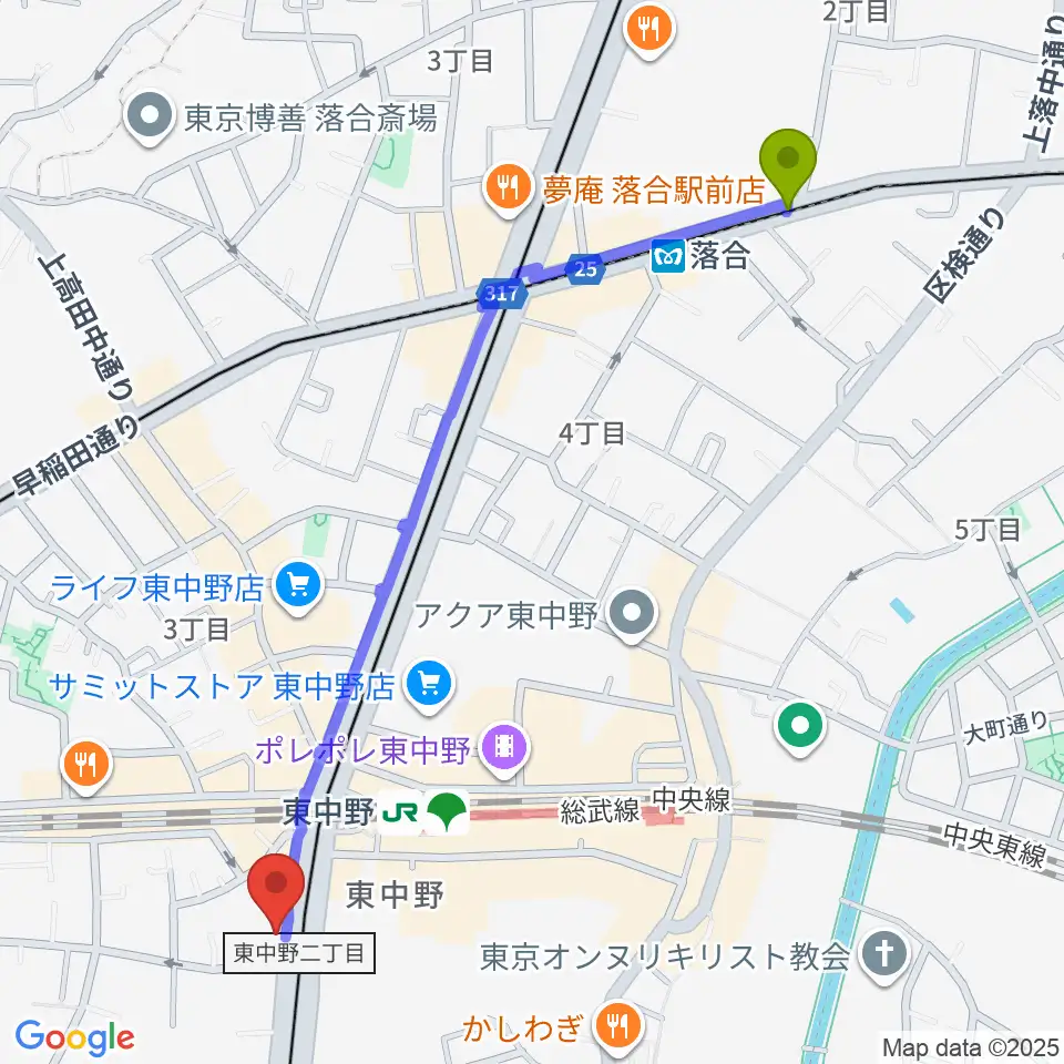 落合駅から6stringsギター教室へのルートマップ地図