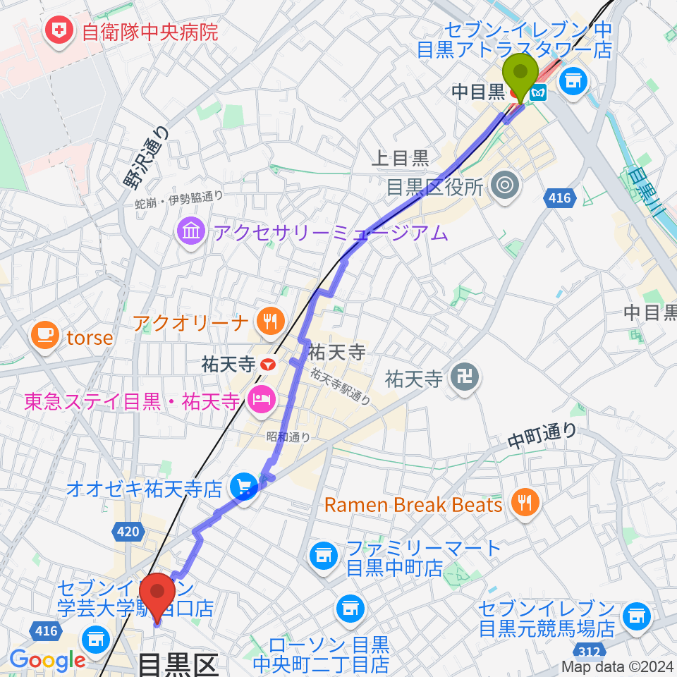 中目黒駅からアプリーレ音楽教室へのルートマップ地図