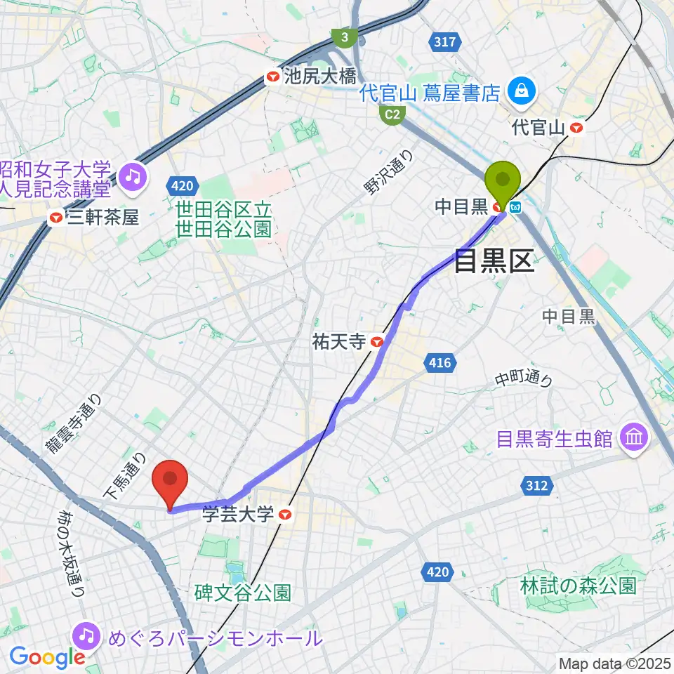 中目黒駅からアプリーレ音楽教室へのルートマップ地図