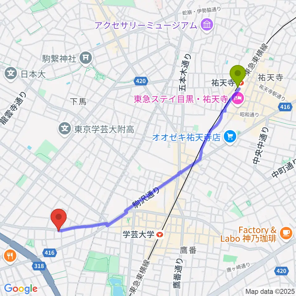 祐天寺駅からアプリーレ音楽教室へのルートマップ地図