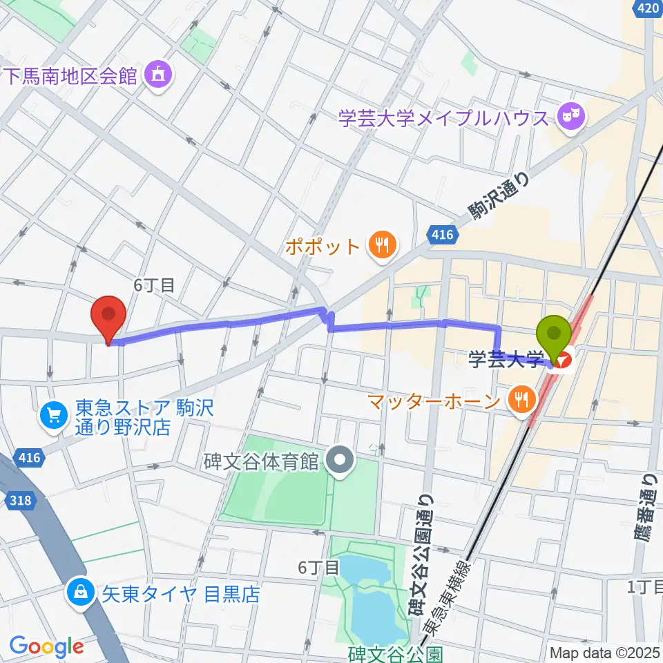 アプリーレ音楽教室の最寄駅学芸大学駅からの徒歩ルート（約10分）地図