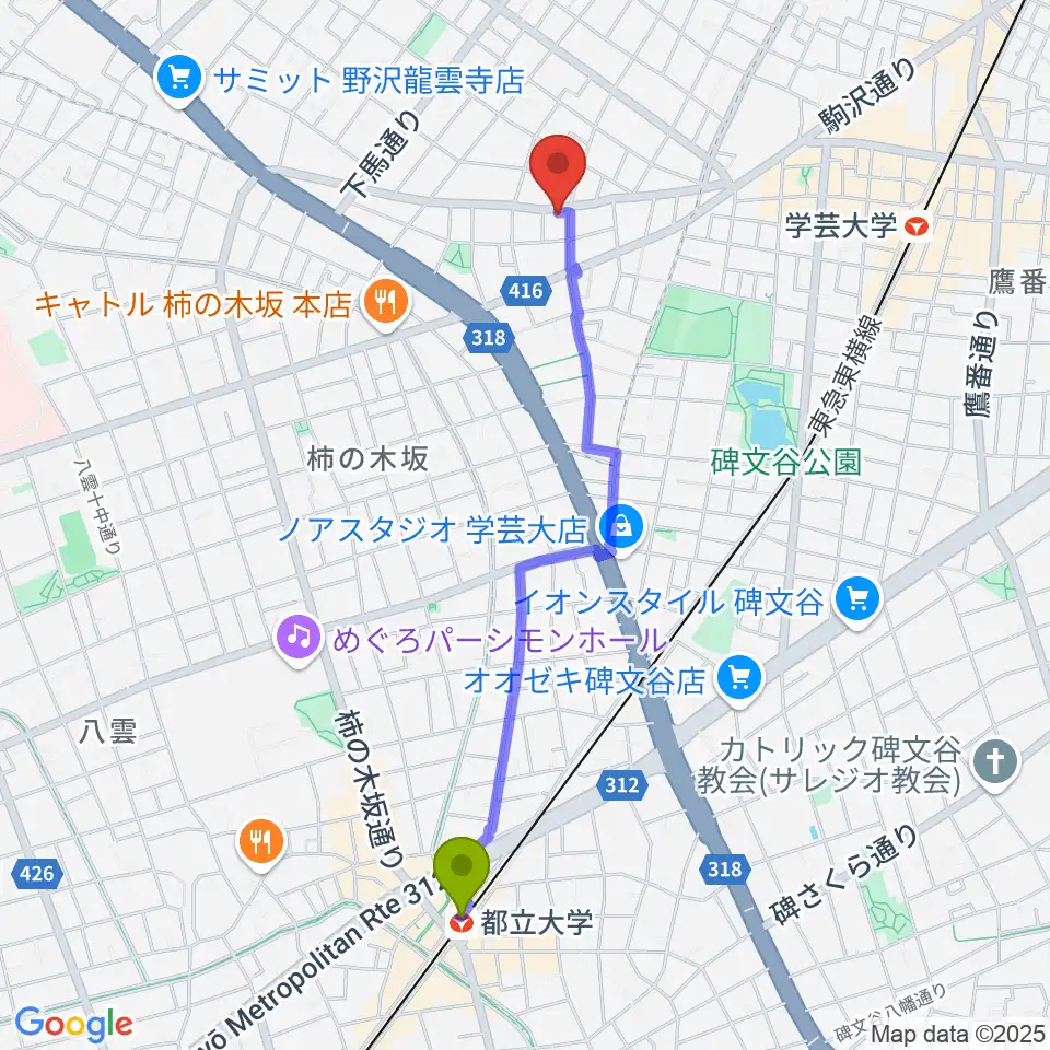 都立大学駅からアプリーレ音楽教室へのルートマップ地図