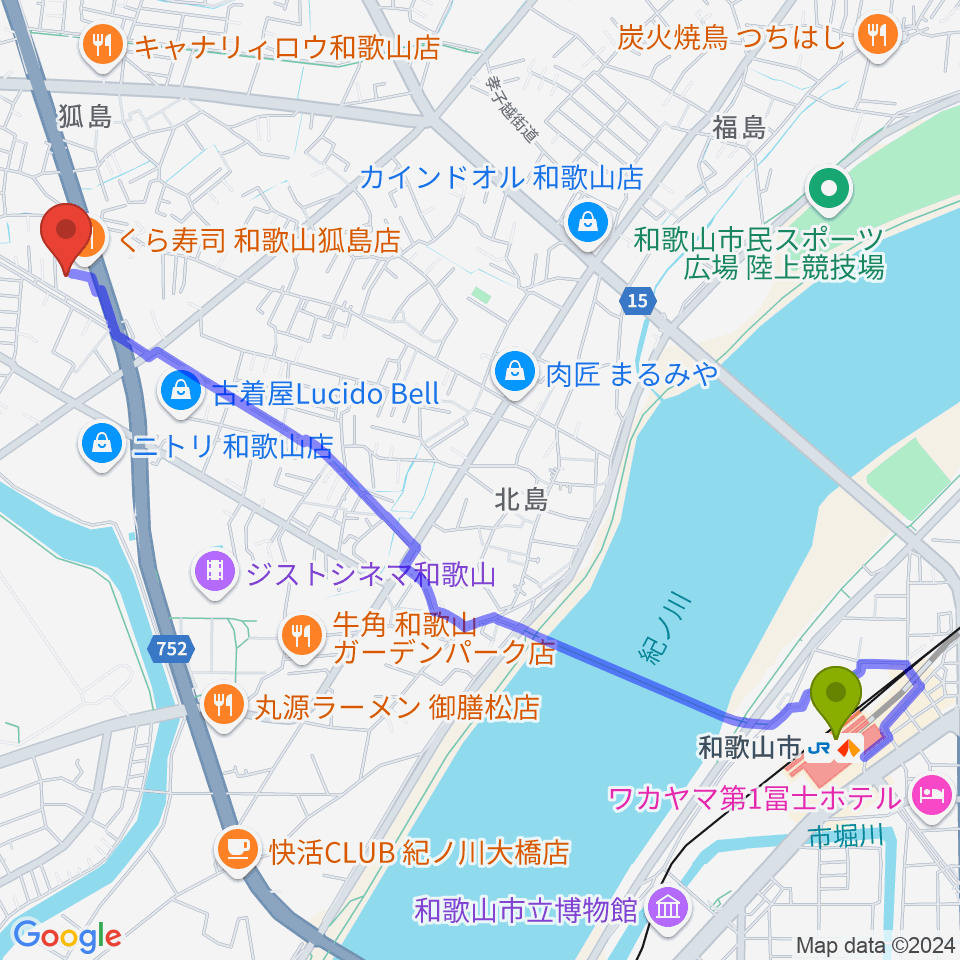 和歌山市駅から和歌山LURU HALL（ルルホール）へのルートマップ地図