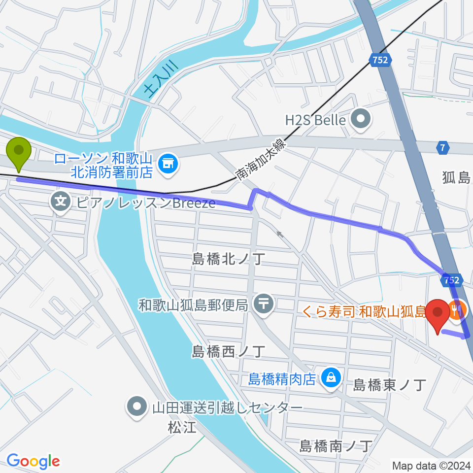 和歌山LURU HALL（ルルホール）の最寄駅東松江駅からの徒歩ルート（約15分）地図