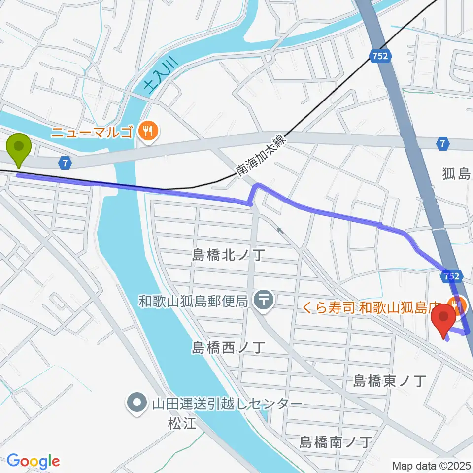 和歌山LURU HALLの最寄駅東松江駅からの徒歩ルート（約15分）地図