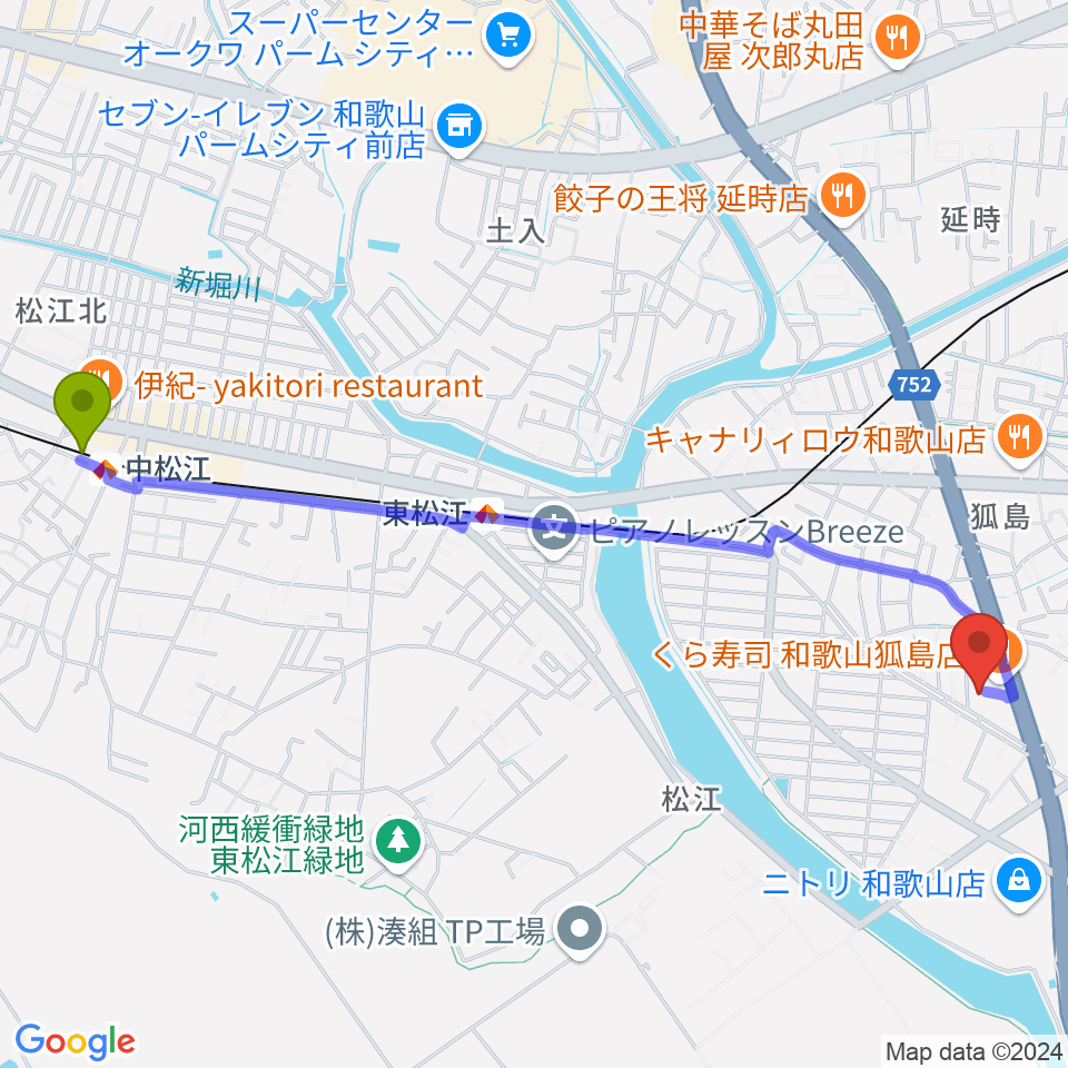 中松江駅から和歌山LURU HALL（ルルホール）へのルートマップ地図