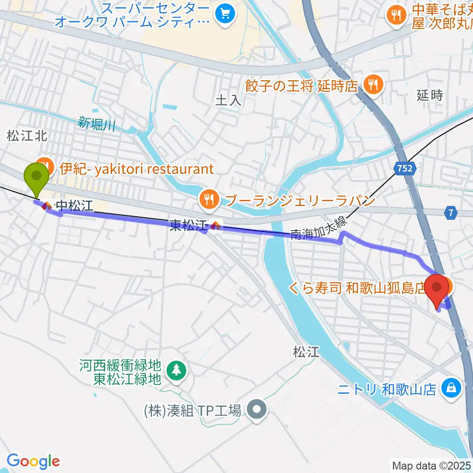 中松江駅から和歌山LURU HALLへのルートマップ地図