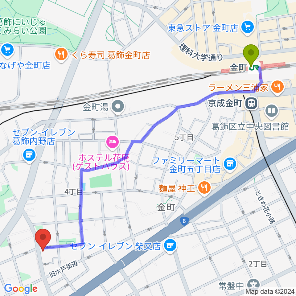 濱崎 由季子 ピアノ教室の最寄駅金町駅からの徒歩ルート（約15分）地図