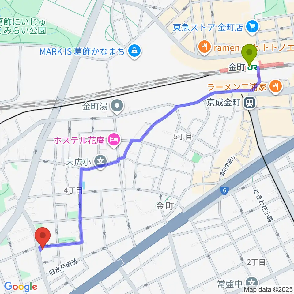 濱崎 由季子 ピアノ教室の最寄駅金町駅からの徒歩ルート（約15分）地図