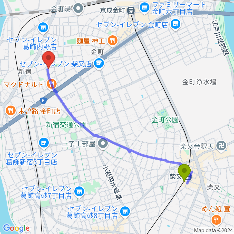 柴又駅から濱崎 由季子 ピアノ教室へのルートマップ地図