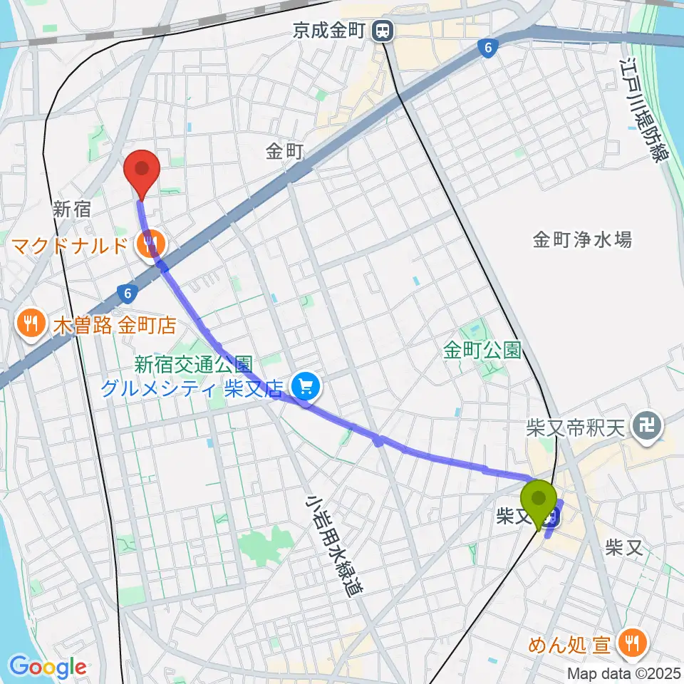 柴又駅から濱崎 由季子 ピアノ教室へのルートマップ地図