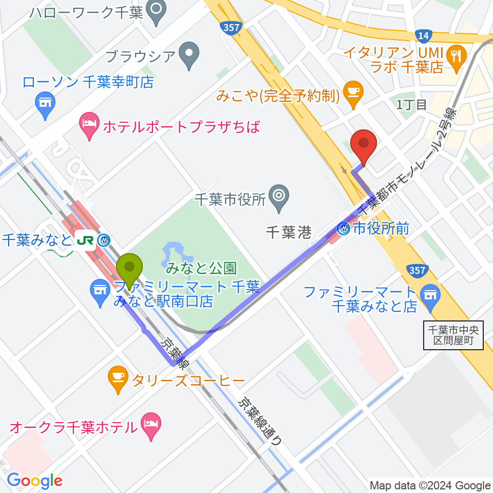 千葉みなと駅から千葉music bar esへのルートマップ地図