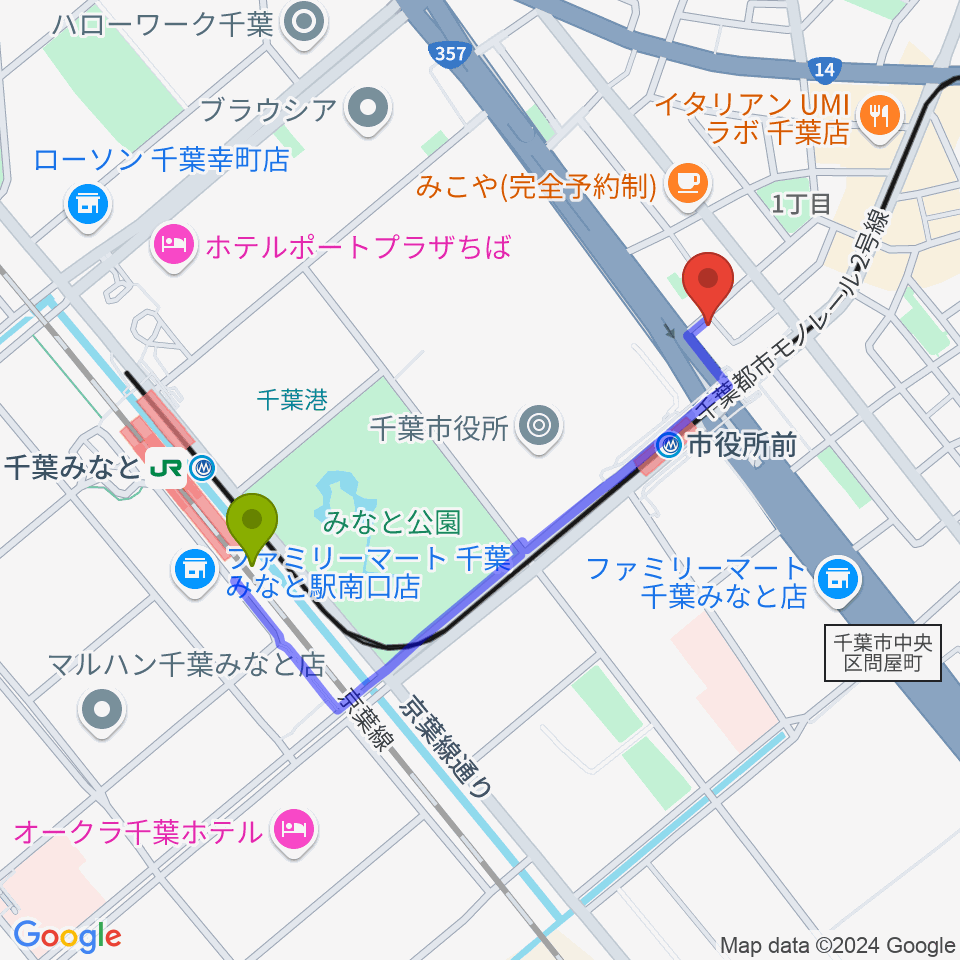 千葉みなと駅から千葉music bar esへのルートマップ地図