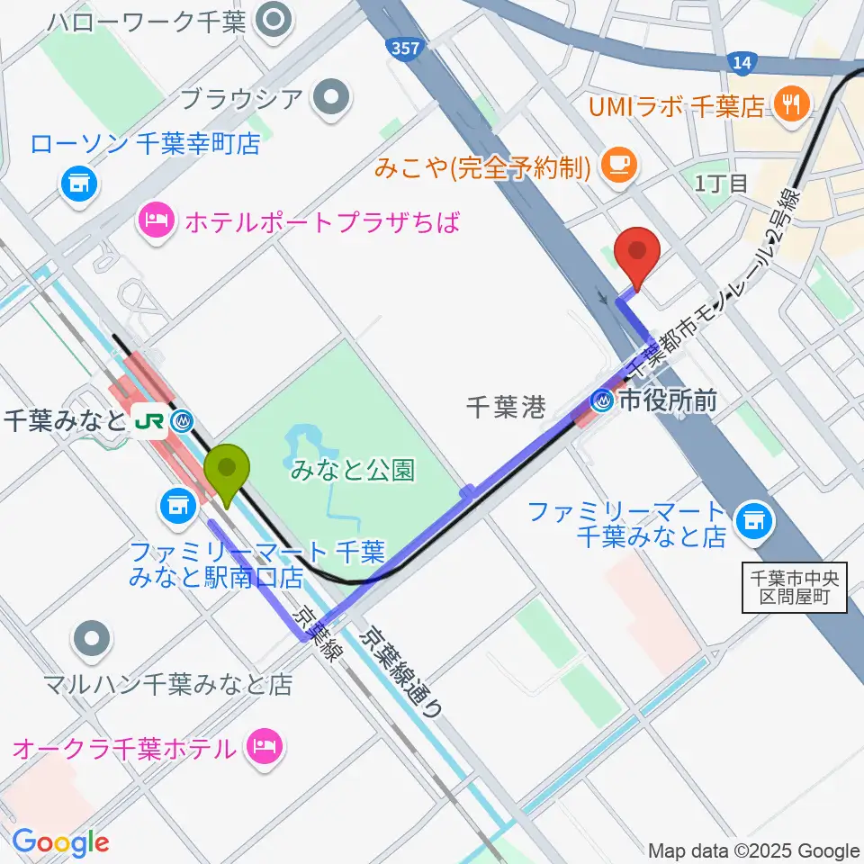 千葉みなと駅から千葉music bar esへのルートマップ地図