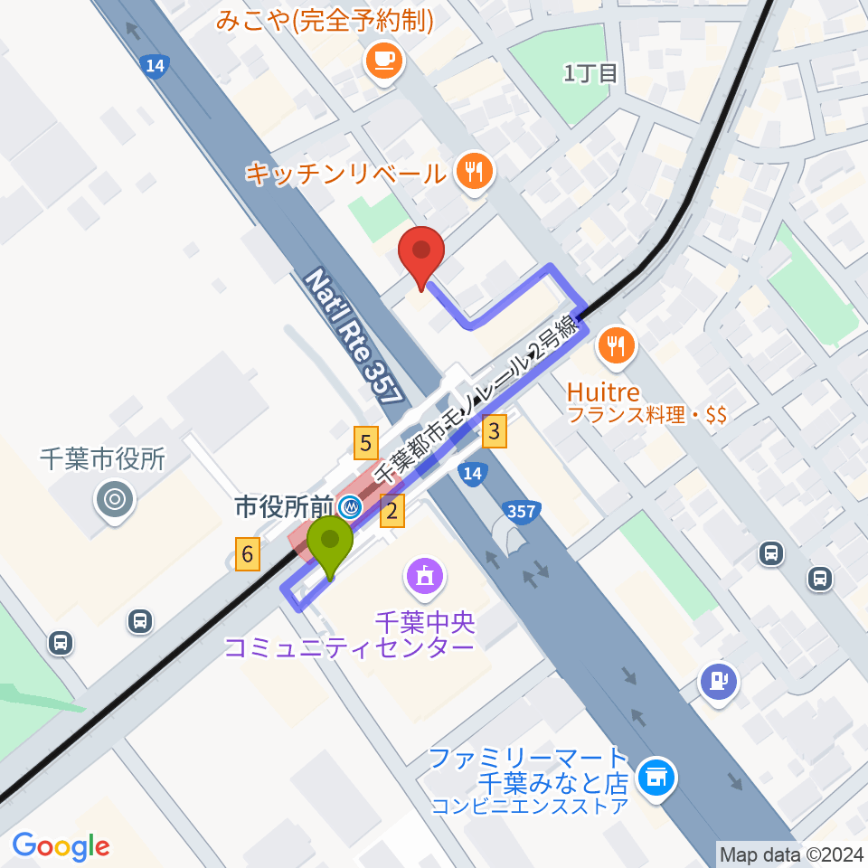 千葉music bar esの最寄駅市役所前駅からの徒歩ルート（約3分）地図