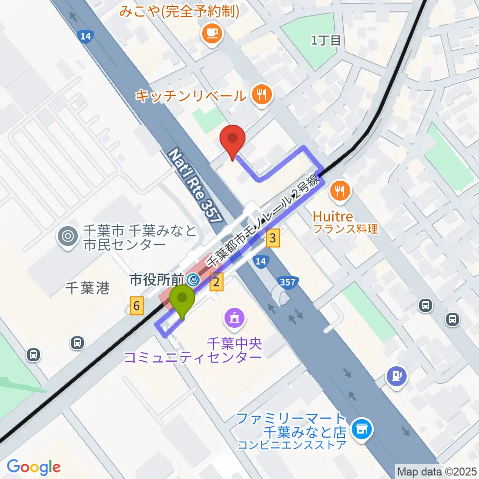 千葉music bar esの最寄駅市役所前駅からの徒歩ルート（約3分）地図