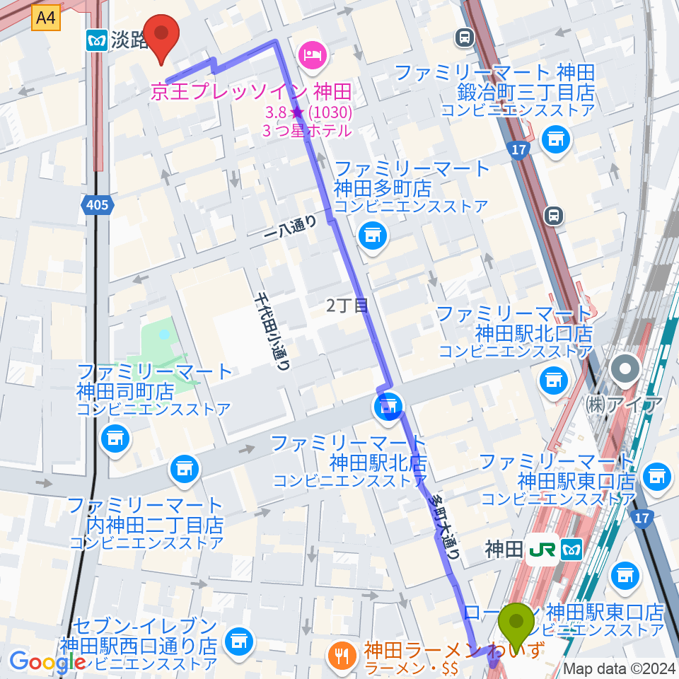 神田駅から神田THE SHOJIMARUへのルートマップ地図