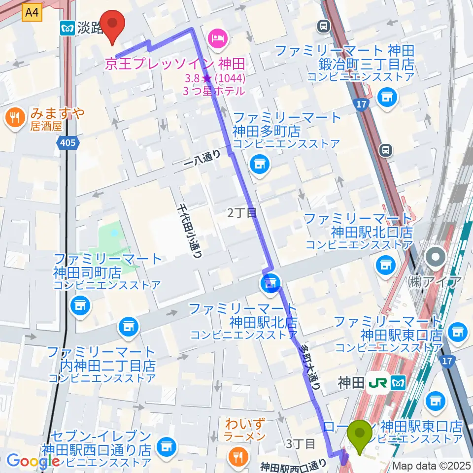 神田駅から神田THE SHOJIMARUへのルートマップ地図