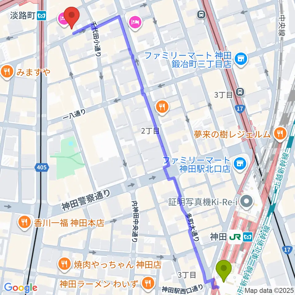 神田駅から神田THE SHOJIMARUへのルートマップ地図