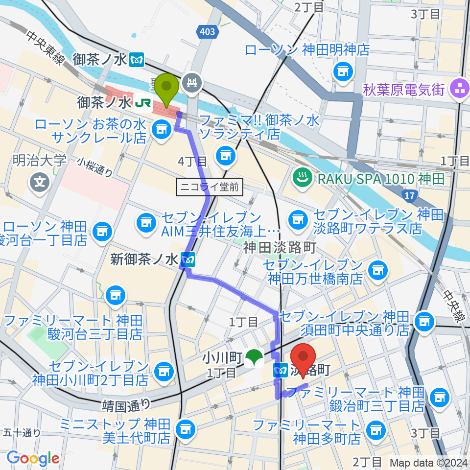 御茶ノ水駅から神田THE SHOJIMARUへのルートマップ地図