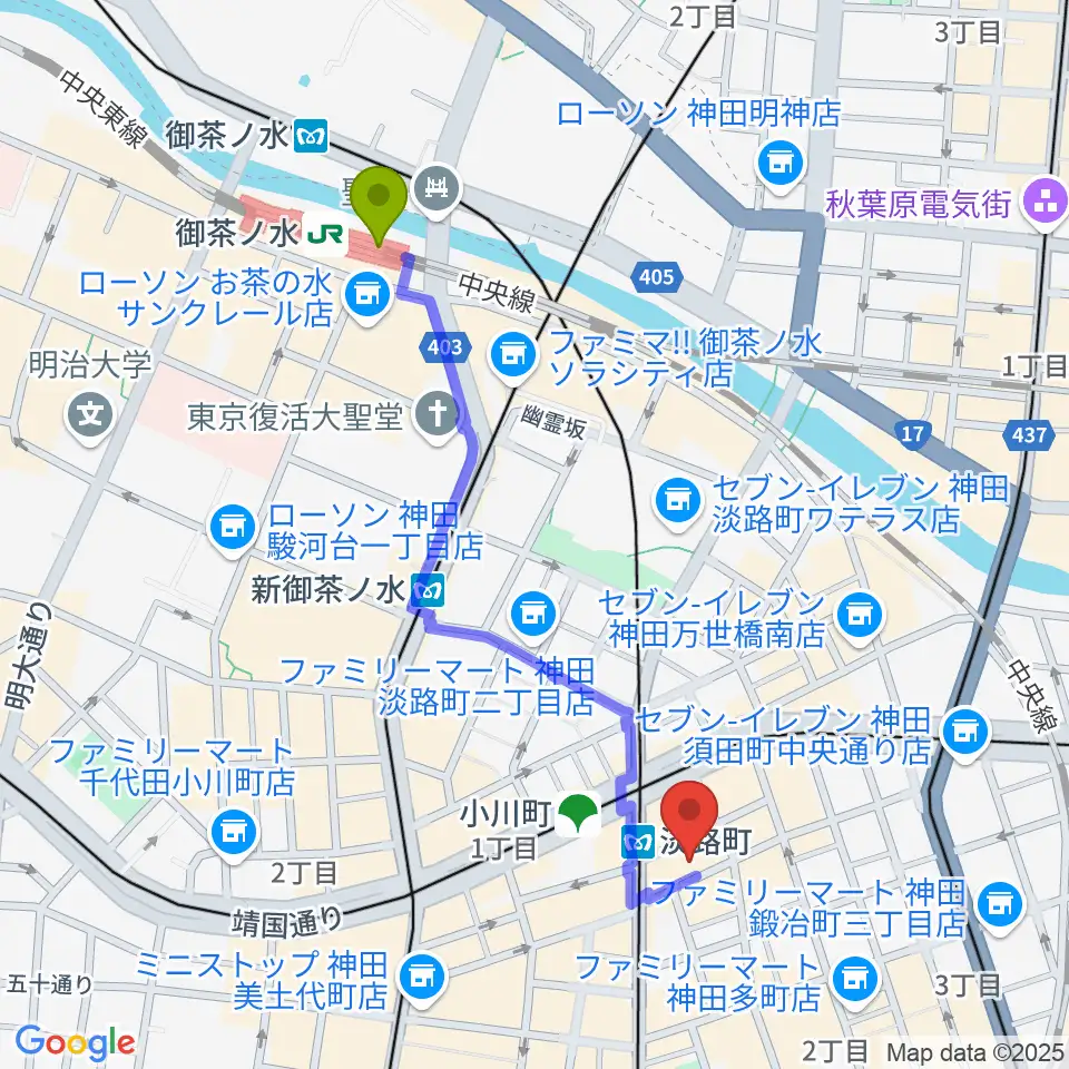 御茶ノ水駅から神田THE SHOJIMARUへのルートマップ地図