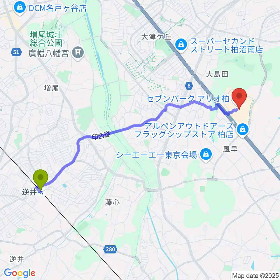 タワーレコードセブンパーク アリオ柏店の最寄駅逆井駅からの徒歩ルート（約48分）地図