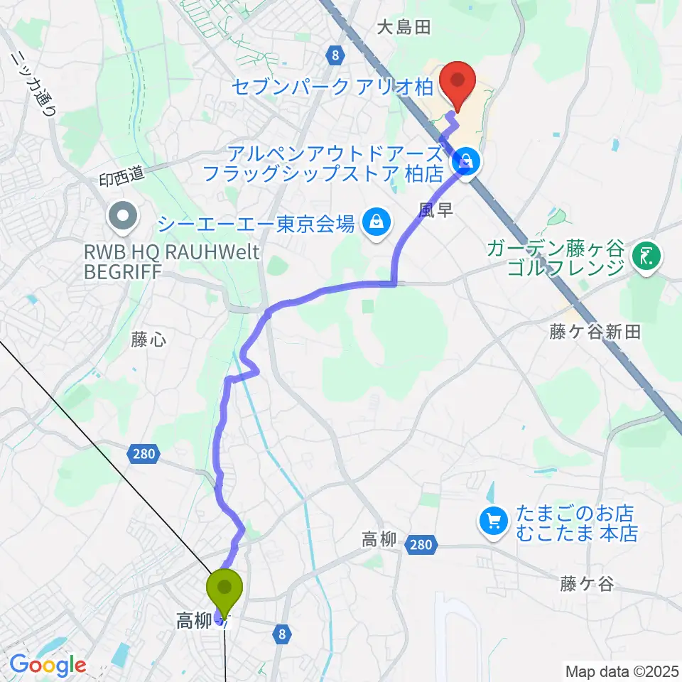高柳駅からタワーレコードセブンパーク アリオ柏店へのルートマップ地図