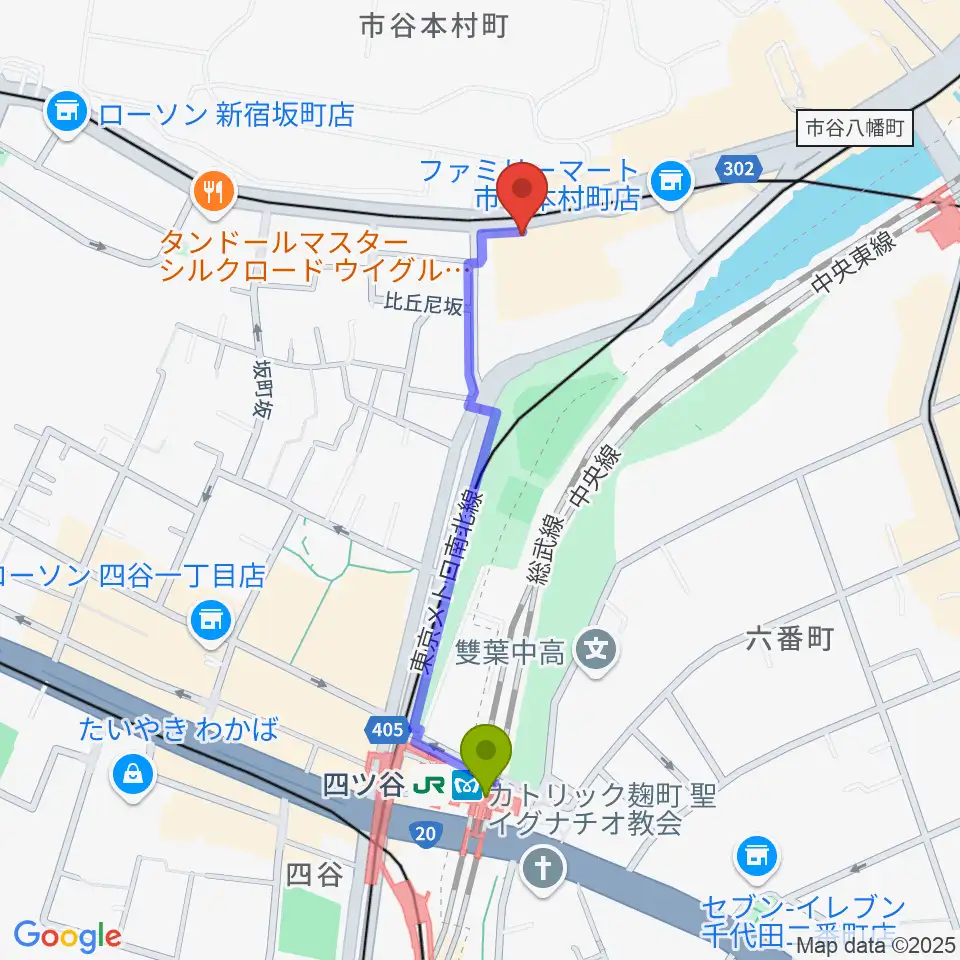 四ツ谷駅から四谷ハニーバーストへのルートマップ地図